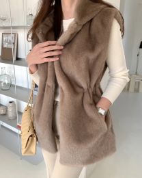 Fur Luxury Women Faux Mink Fur Hooded Vest Sleeveless Jackets Coats Korean Ladies Thicken Autumn Winter Loose Casual Waistcoats WJ6