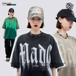 Women's T Shirts Wash Do Old Base Shirt Street National Fashion Brand Loose Letter Short Sleeve Man's Clothes