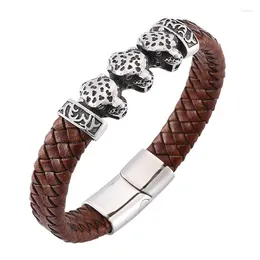 Charm Bracelets Punk Men Jewelry Braided Leather Bracelet Stainless Steel Magnetic Buckle Bangles Leopard Animal Male Wristband PW791