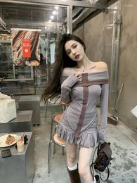 Work Dresses 2024 Autumn Design Sense One Line Neck Long Sleeve T-shirt Ruffled Half Skirt Short Spicy Girls Fashion Set Women