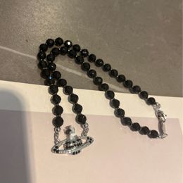 Lady Designer Pendant Necklaces Black Agate Sparkly Diamonds Saturn Necklace Black Choke Minority European Collarbone Chain