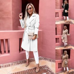 Trench Vintage Double Breasted New White Trench Coat for Women Sashes Slim Long Trench Female Women Winter Office Solid Trench Dress