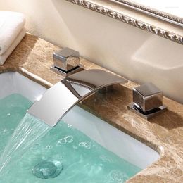 Bathroom Sink Faucets Modern Stainless Steel Basin Faucet Brass Tap Lavatory Vanity 3 Holes Double Handle Water Mixer