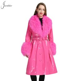 Jackets Jxwatcher Women's Genuine Leather Trench Coat With Natural Mongolian Sheep Fur Winter Sheepskin Long Coats Removable Fur Collar