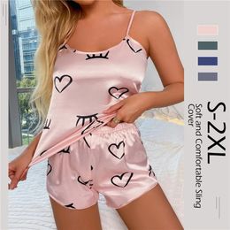 Fashion Sexy Floral Pyjama Set Womens 2 Pieces Sleepwear Pyjamas Silk Satin Cami Top and Shorts Pyjamas for Women Love 240219