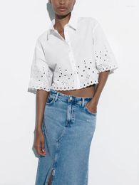 Women's Blouses Summer Short Sleeves Embroidered Crop Shirt Short-sleeved Lapel Hollow Embroidery Eyelet Detail Top