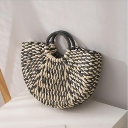 New round bucket semicircle straw bag handmade pure color woven basket rattan handbag315k