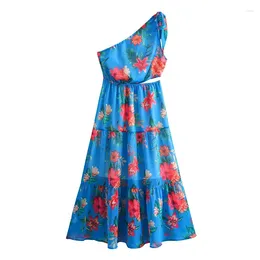 Casual Dresses YENKYE Floral Print Asymmetric Chiffon Summer Dress For Women Vacation Clothing Sexy Hollow Out Female Boho Beach Holiday