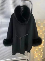 Fur 3 Colours Women Fox Fur Collar Batwing Sleeves Loose Long Ribbon Coat Winter Warm New Fashion Cloak 80% Woollen Poncho Streetwear