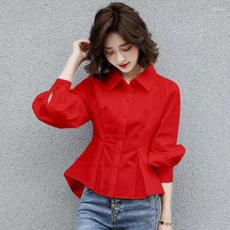 Women's Blouses Stylish Lapel Button Spliced All-match Folds Lantern Sleeve Shirt Clothing 2024 Autumn Casual Tops Loose Chic Blouse