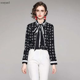 2023 Designer Printed Black Shirts Long Sleeve Women Runway Button Shirt Office Ladies Ribbon Bow Blouses Spring Summer Autumn Winter Slim Fit Stylish Tops