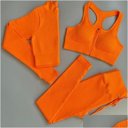 Women'S Shorts Womens Seamless Yoga Set Women Zipper Long Sleeve Sport Suit Dstring Althetic Gym Leggings Workout Clothes Fitness Sp Dhsm7