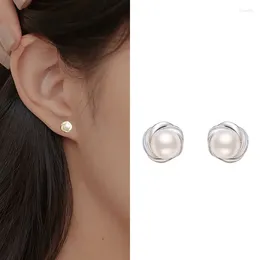 Stud Earrings 925 Sterling Silver Pearl Geometric For Woman Girl Fashion Simple Round Design Jewellery Party Gift Drop