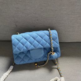 Classic Quilted Mini Flap Crush Denim Bead Rectangular Bags Jeans Cowboy Blue Crossbody Shoulder Cosmetic Handbags Outdoor Sacoche304f