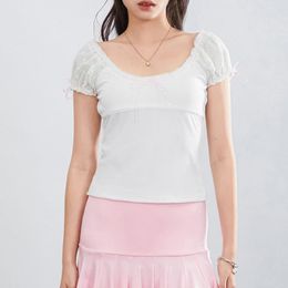 Women's T Shirts Short Sleeve Scoop Neck Crop Tops For Women Fairy Grunge Lace Trim Y2K Aesthetic Tees Streetwear