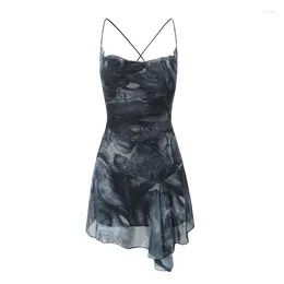 Casual Dresses Summer Women Spaghetti Strap Sexy Dress Vintage Print O Neck Backless Short Robe