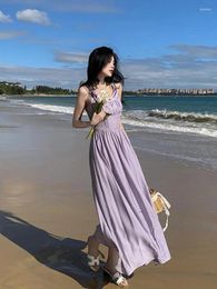 Casual Dresses Summer Women Purple Sexy Club Pleated Bandage Slip Dress Sleeveless Backless High Waist Elegant Fairy Long Fashion