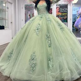 Шалфейно-зеленые платья Quinceanera для девочек 16 лет, аппликации из бисера, перья, милая принцесса, бальные платья Tull 15 Vestidos
