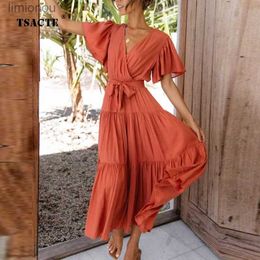 Urban Sexy Dresses Summer Ladies New Casual Solid Colour Short Sleeve Maxi Dress Fashion Commute Lace-up High Waist Ruffled Dresses Bohemia Womens 240223