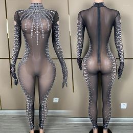 Stage Wear Sexy Perspective Mesh Rhinestones Jumpsuit Pole Dance Costume Singer Dancer Outfit Gogo Performance Clothing VDB7629