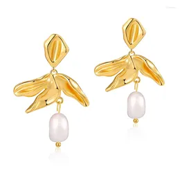 Dangle Earrings Minar Hyperbole Natural Freshwater Pearl Long Drop For Women 18K Real Gold Plated Brass Metallic Leaves Large Earring