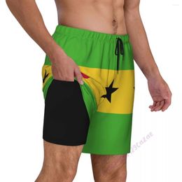 Men's Shorts Sao Tome And Principe Flag 3D Mens Swimming Trunks With Compression Liner 2 In 1 Quick-Dry Summer Swim Pockets