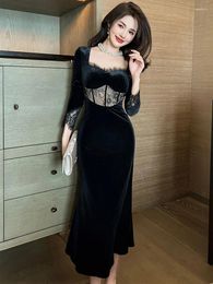 Casual Dresses French Sexy Prom Women Celebrity Retro Black Sheer Hook Flower Lace Hollow Out Long Fishtail Robe Party Banquet Vestidos