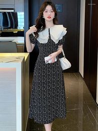 Party Dresses 2024 Black Floral Chiffon Chic Doll Collar Midi Dress Summer Short Sleeve Casual Ruffled Women Korean Vintage Elegant Robe