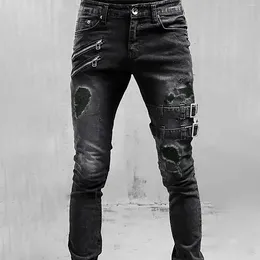 Men's Jeans Men Slim Fit Gothic Punk Ripped Black Trousers Belt Bandage Zipper Denim Pants Y2k Clothes Pantalones Hombre