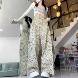 Women's Pants Korean Retro Floral Cargo Women Loose Wide Leg Straight Full Length High Waist Fashion Versatile Casual Trousers Female