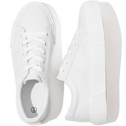 Women's PU White Sports UOIDRU Leather Casual Lace Up Tennis Fashion Low Top Thick Sole Shoes 347 b