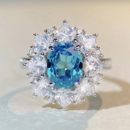 Cluster Rings S925 Sterling Silver Aquamarine Women's Full Of Diamond Luxury Inlaid Zircon Coloured Gems Exquisite Jewellery