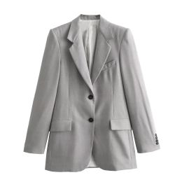 Blazers TRAF 2023 Grey Blazer For Women Korean Fashion Lapel Button Jacket Woman Clothing Long Sleeve Coat Autumn New Elegant Blazer Set