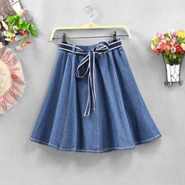 Skirts Blue Lace-up Short Denim Skirt Women 2024 Fashion High Waist Jean Mini Female Elastic A-Line Sun School