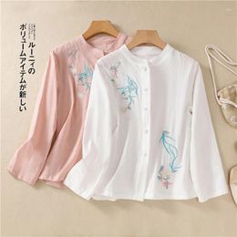 Women's Blouses 2024 Arrival Autumn Women Loose Casual O-neck Long Sleeve Blouse Cotton Linen Floral Embroidery Single Breasted Shirts V680