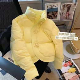 Parkas Chinese Style Flower Women's Jacket Yellow Sweet Quilted Coat Women Winter Loose Stand Neck Warm Thicken Cotton Parkas