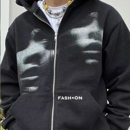 Zip Hoodie Men Women Y2K clothing Fashion Hoodies Goth Black face Print Long Sleeve Sweatshirt Oversized Tops 240220