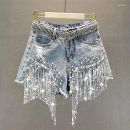 Women's Shorts Female Denim 2024 Summer Wear High Waist Slimming Heavy Beaded Sequin Fringed Ripped Wide Leg Pants Jeans