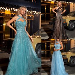 Glamorous A Line Evening Dresses Tulle Halter Sweetheart Sequined Applique Gowns Sweep Train Vestidos De Noche Formal Occasion Custom Size L24191