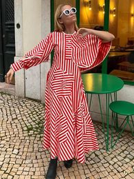 2024 Summer Striped Red Pleated Maxi Dresses Women Chic Irregular Slim Long Dress Female Summer Sexy High Waist Patchwork Robe 240223