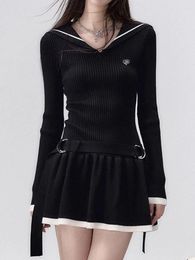 Casual Dresses Knitted Mini Dress Women Preppy Style Long Sleeve Vintage Fashion Sailor Collar Ladies Autumn Chic Sweater