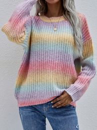 Women Sweater Casual round Neck Long sleeves pullover Oversized Stitched sweater with loose-crocheted striped collar sweaters rainbow color