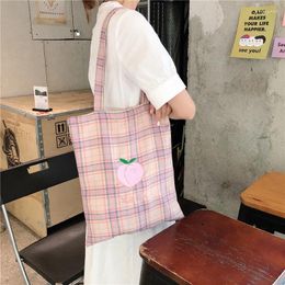 Shopping Bags Peach Duck Pear Plaid Shoulder Bag Ins Art School Girl Soft Cute Canvas Tote Cotton Handbags