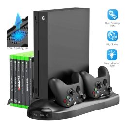 Gamepads 5 in 1 Vertical Stand for Xbox One X Cooling Fan with Controller Charger Charging Station Game Discs Storage and 3 USB Ports