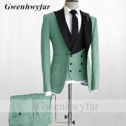 Suits Gwenhwyfar Jade Green Men Suits 2022 3 Pieces setBlazer&Pants&Vest Custom Made Peak Lapel Groom Wedding Tuxedos Formal Suit