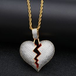 Iced out CZ Broken Love Heart pendant necklaces Bling Cubic zirconia Gold Silver charm ed chain For women men Rapper Hip Hop 217N