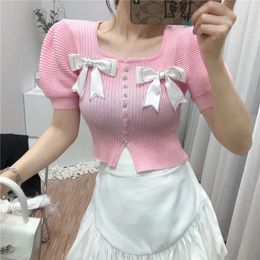 Women's Knits Knitted Cardigan Short Sleeves Summer Women Bow Tie Y2k Clothing Crop Tops Streetwear Sweater Slim T-shirts