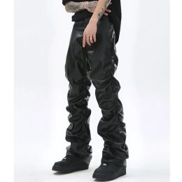 Pants Hip Hop Mens Pleated Pu Leather Pants Harajuku Retro Streetwear Loose Ruched Casual Trousers Straight Solid Colour Black Pants