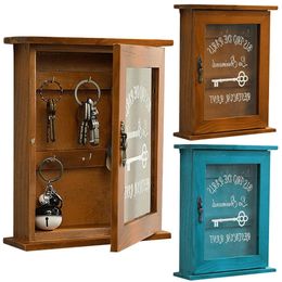 Hanging On The Wall Vintage Wooden Key Storage Box Housekeeper Blue Brown Cabinet Key Rack With Hook Rack Family Wall Decoration 240220