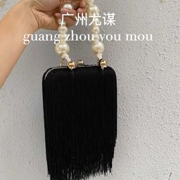 Celebrity banquet tassel frosted velvet clip box, pearl knot small square bag, hand-held crossbody small bag